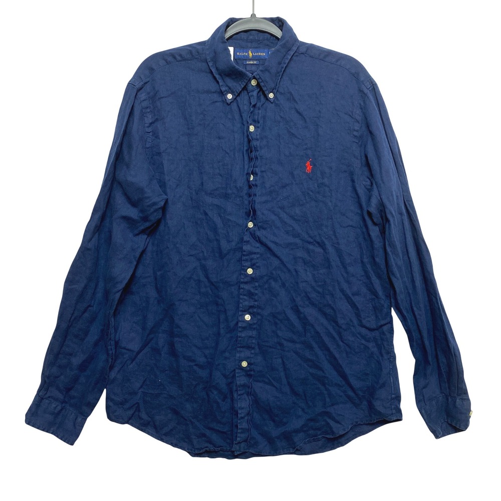 Polo Ralph Lauren Linen Shirt Mens Large Navy L. Sleeve Classic Fit Button Down